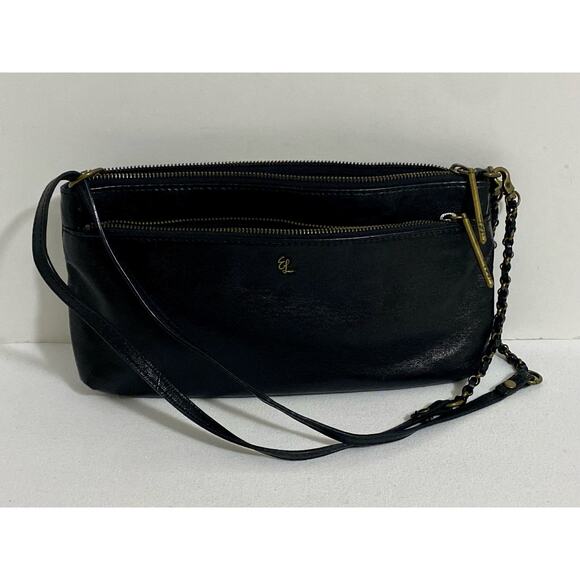 Elliott Lucca Leather Handbag Black Purse Chain Accents Neutral Slim Clutch - Picture 13 of 14